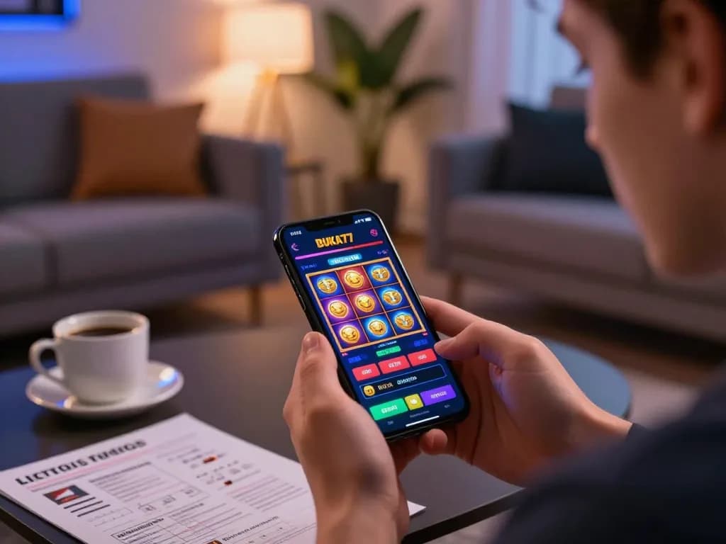 Engaging with BUKA77 casino app on smartphone during an exciting gaming session at home.