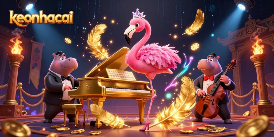 keonhacai showcases a vibrant casino scene with a pink flamingo pianist and elegant hippo bassist.