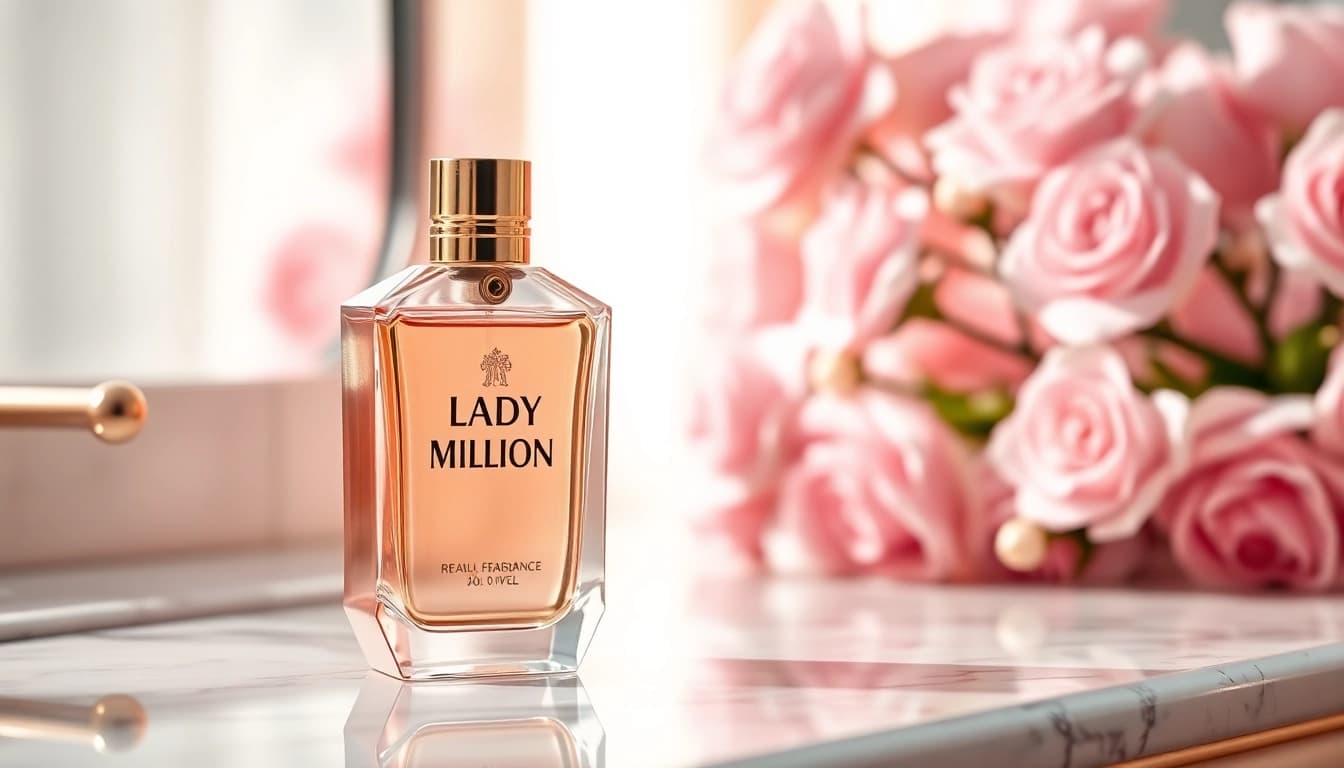Admire lady million perfume showcased on a marble surface, surrounded by delicate flowers.