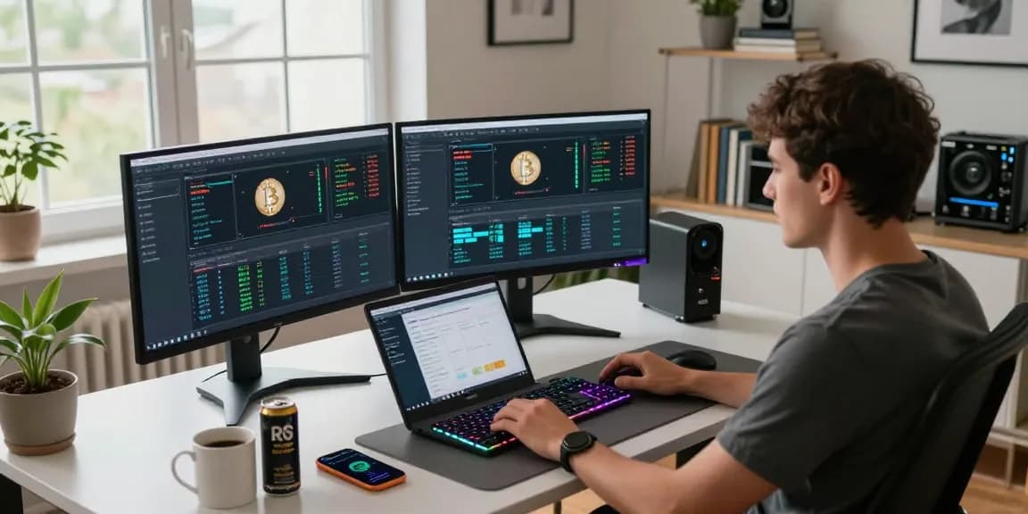 Bitcoin mining website with cryptocurrency mining dashboard and secure wallet management in a modern office.