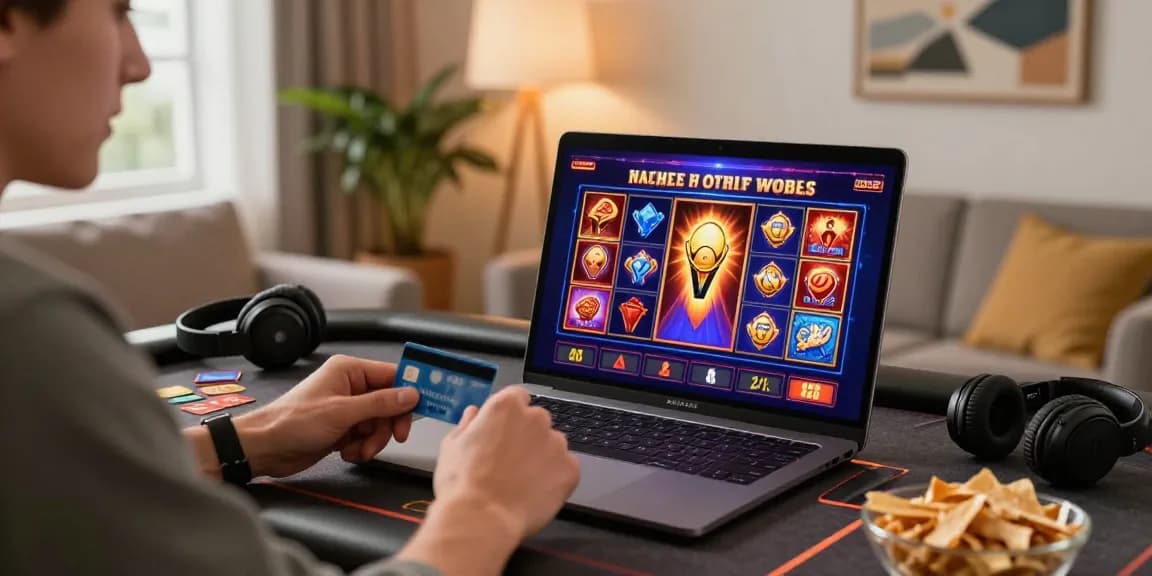 Player engaging in credit card gaming at being-there.org.uk, showcasing vibrant casino experience on laptop in cozy home setting.