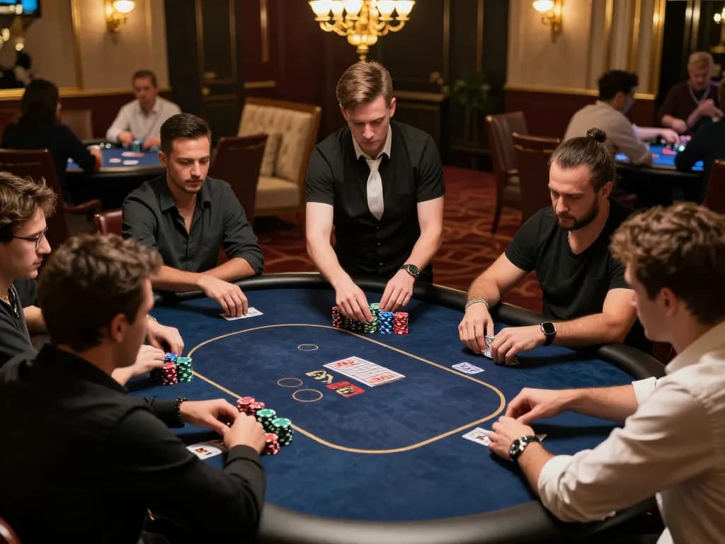 High-stakes poker players strategically analyzing hands at amigosgrillandco casino.
