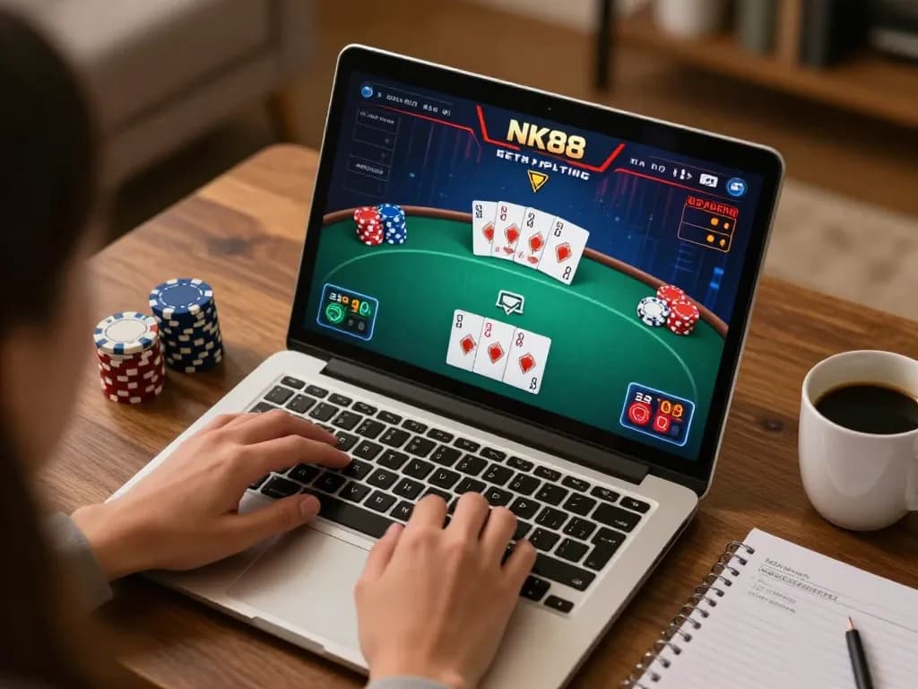 Engaging gameplay on NK88 bet platform with poker interface on laptop, showcasing a casual gaming environment.