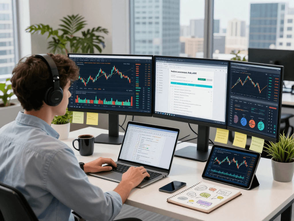 Developer analyzing index constituent stocks API data in a modern workspace with dual monitors.