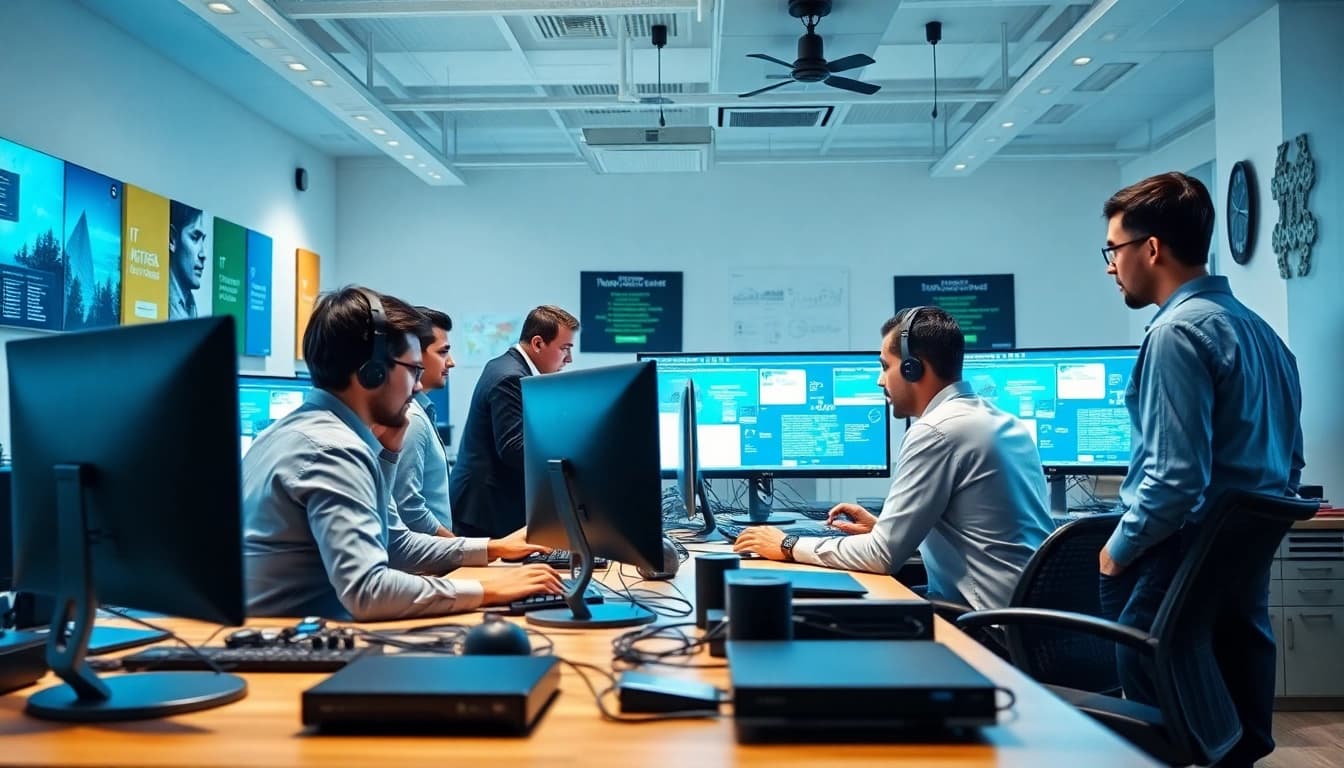 IT support service professionals collaborating effectively in a modern office environment.