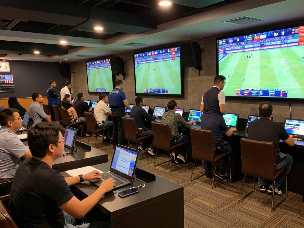 Fans engaging with fb88 kèo nhà cái, placing bets in a vibrant sports betting lounge with large screens