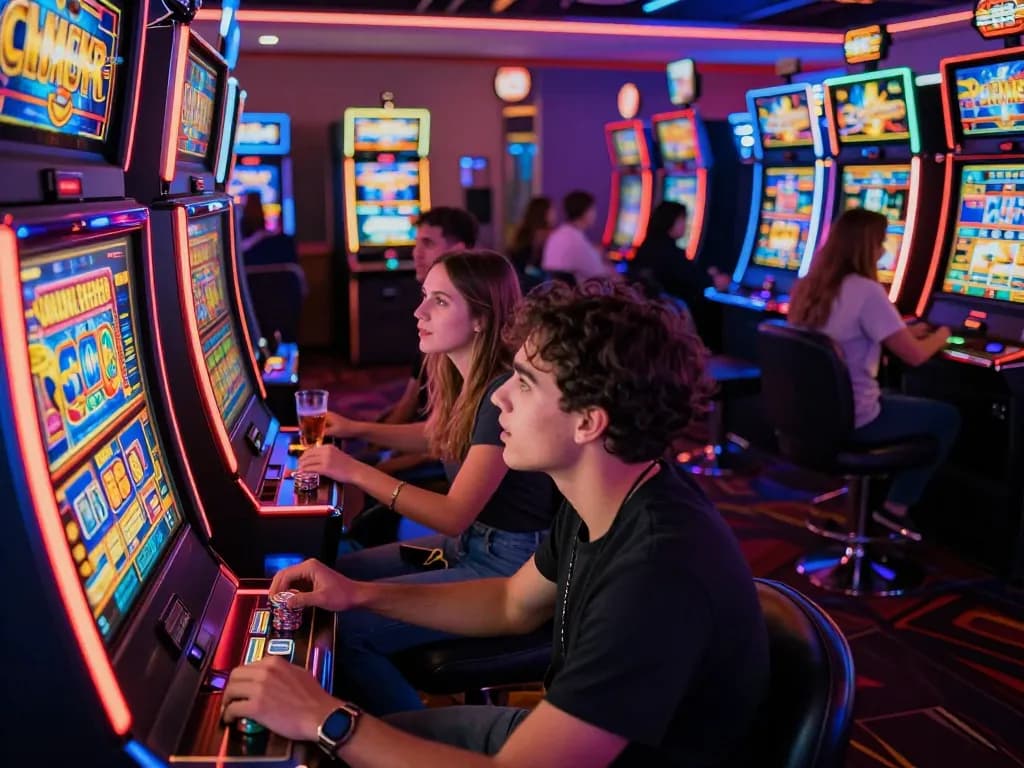 Experience the excitement of slot gacor gampang menang with players at colorful machines focused on their gameplay.