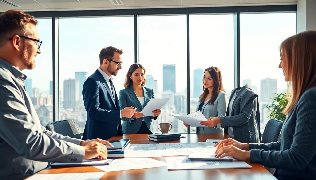 Engaged professionals discussing Federal and State contracts in a modern office space.