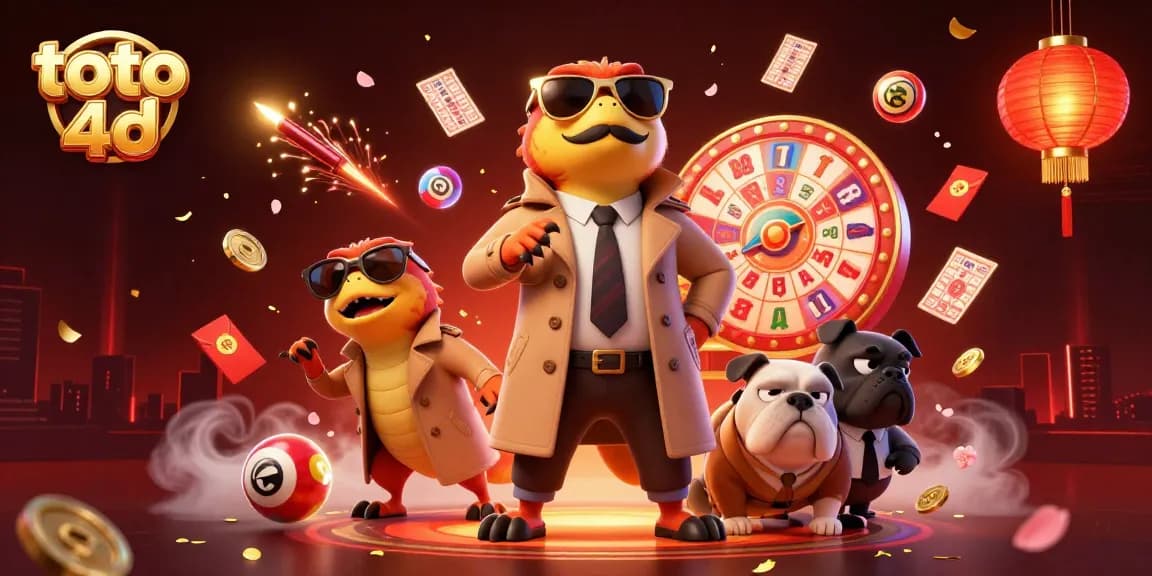 Engaging illustration of Toto 4D raptors sneaking into a casino while colorful lottery elements surround them.