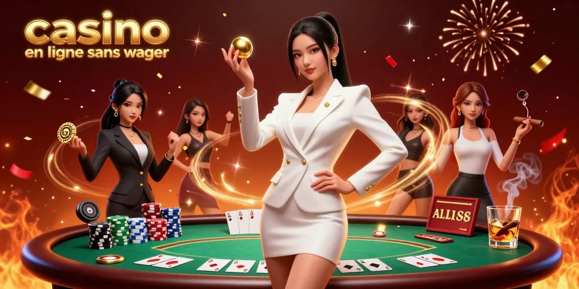 Découvrez l'excitation d'un casino en ligne sans wager avec une scène illustrée époustouflante mettant en vedette le poker et la roulette.
