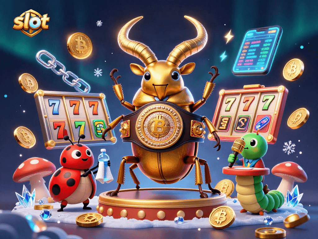 Engage with slot gaming action featuring a champion beetle and glowing coins in a vibrant casino scene