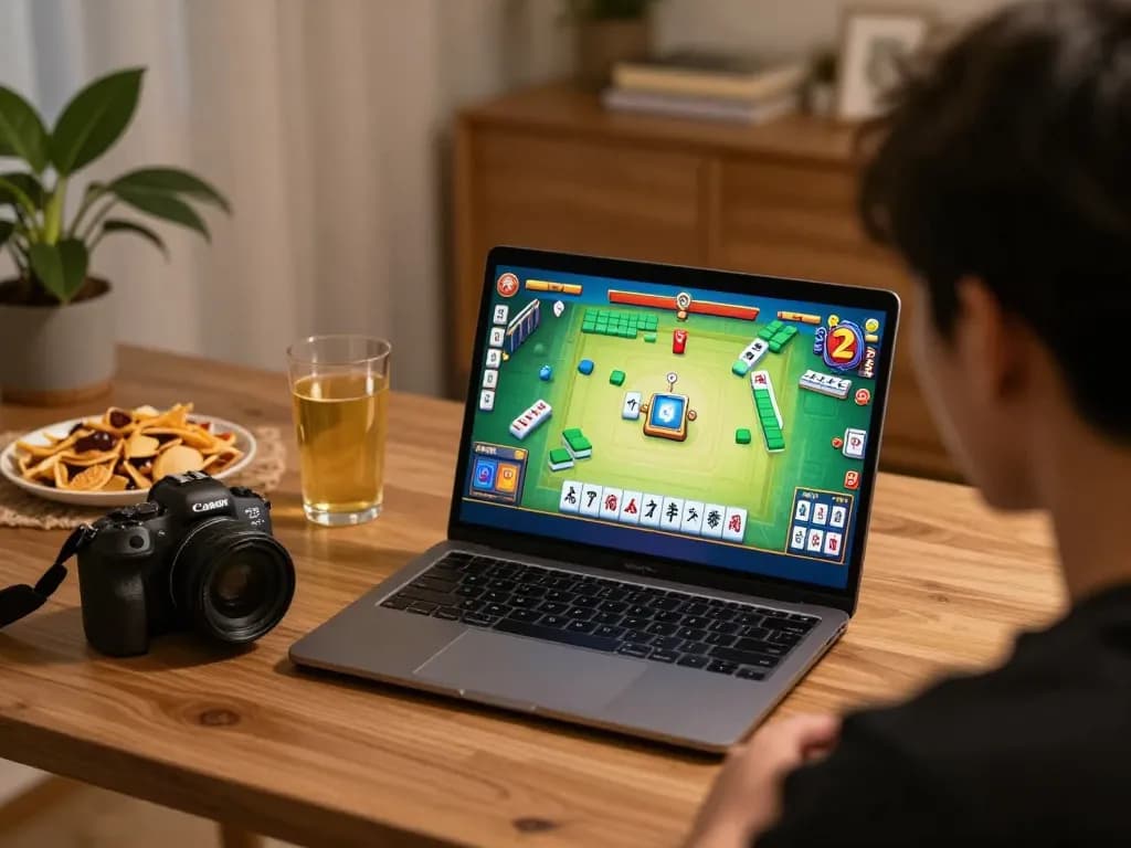 Player immersed in Mahjong Ways 2 gameplay on a laptop in a cozy home setting, showcasing vibrant graphics.