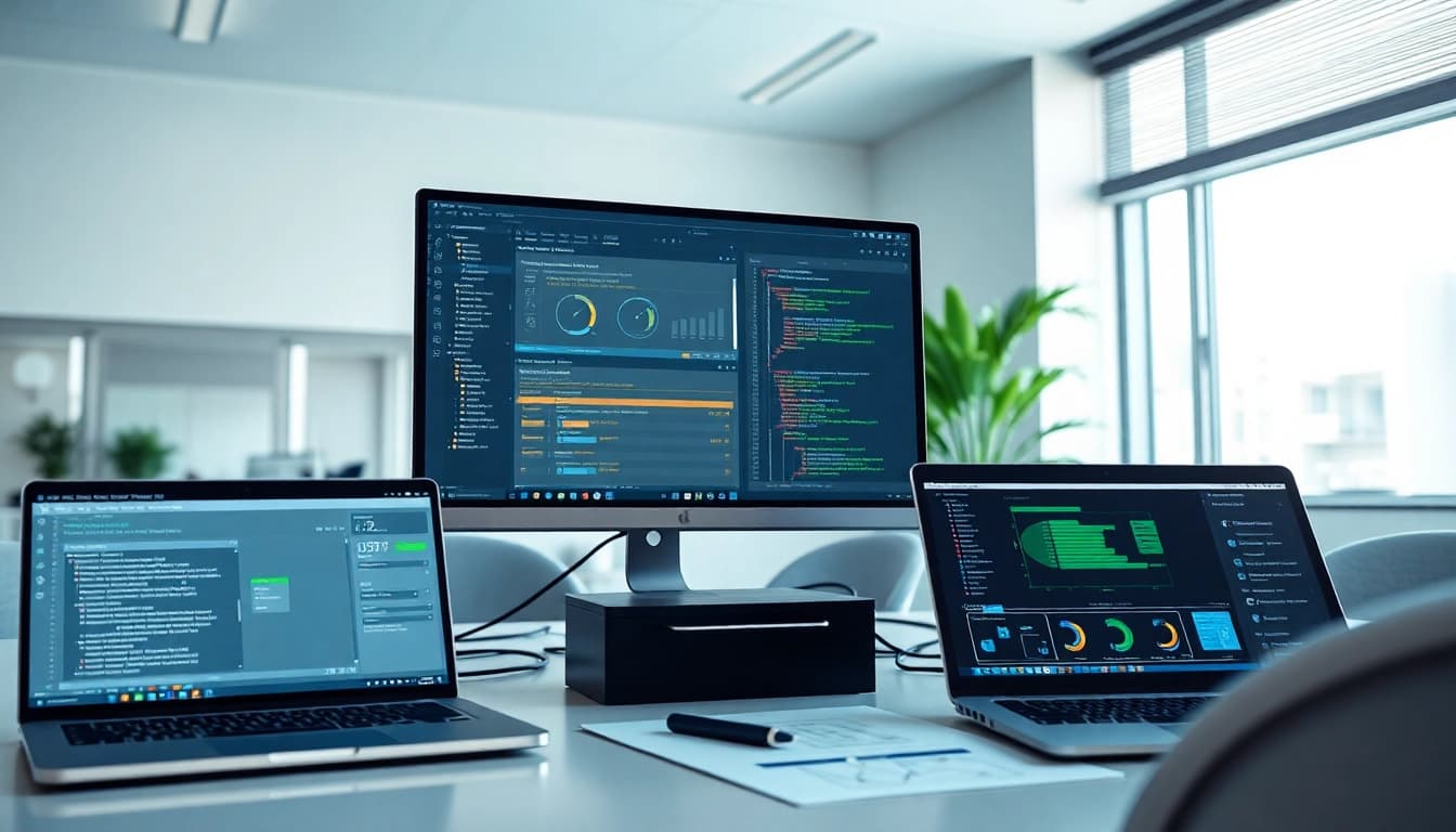 Showcasing a test automation tool setup with screens displaying test results and vibrant work environment.
