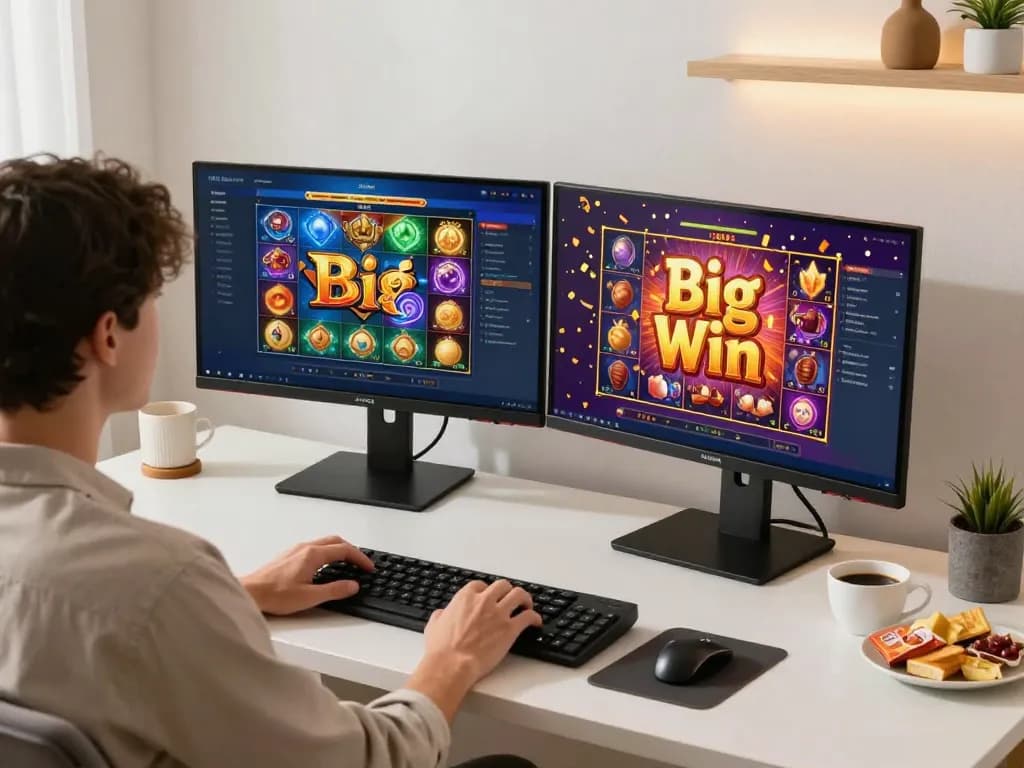 Player enjoying online สล็อต games on a laptop in a cozy home office, showcasing a winning moment.