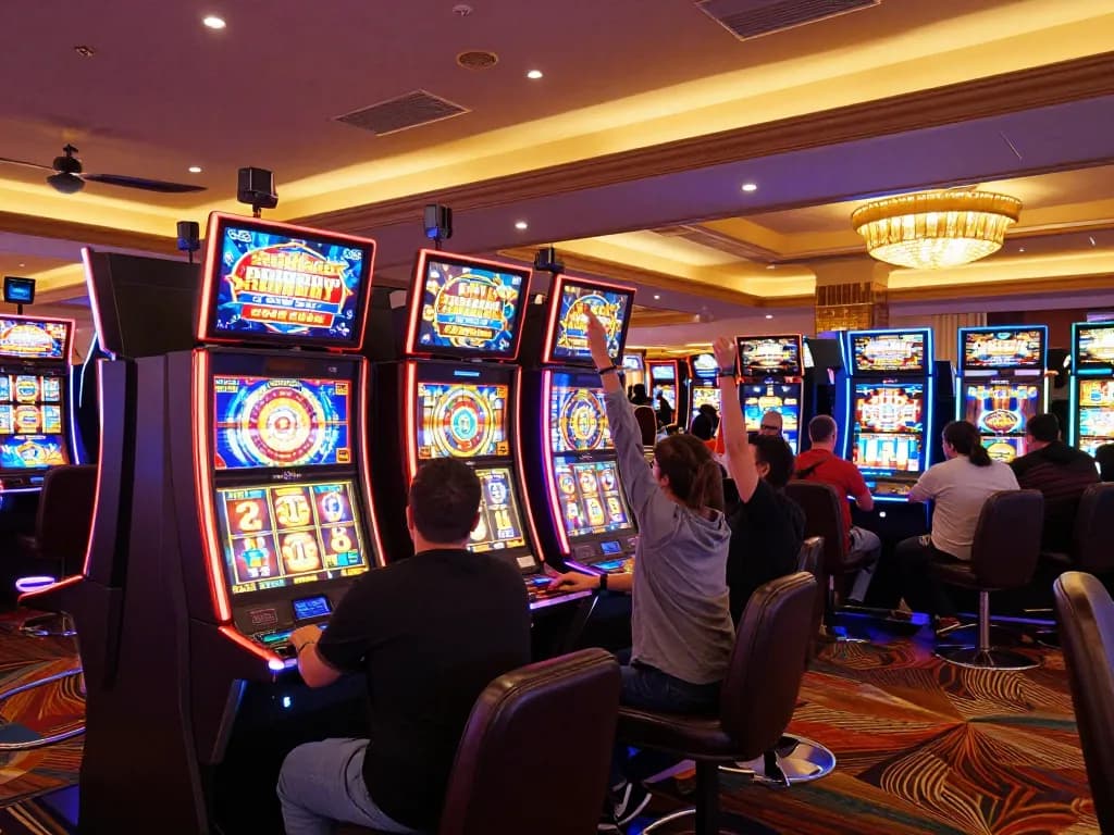Engaging moment at a casino's slot gacor 777 area, players enjoying vibrant machines and celebrating wins