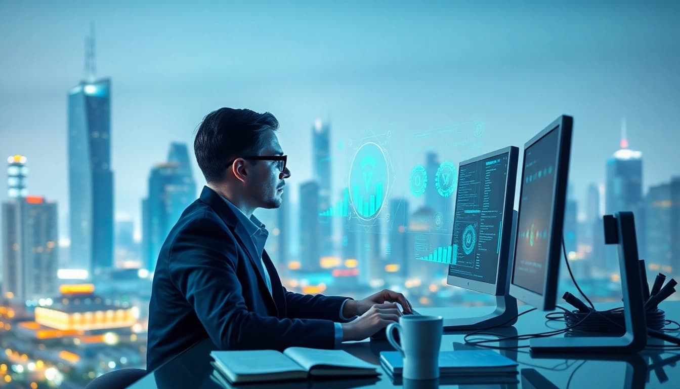 Illustration of a developer engaging with EORMC AI blockchain technology in a modern workspace.