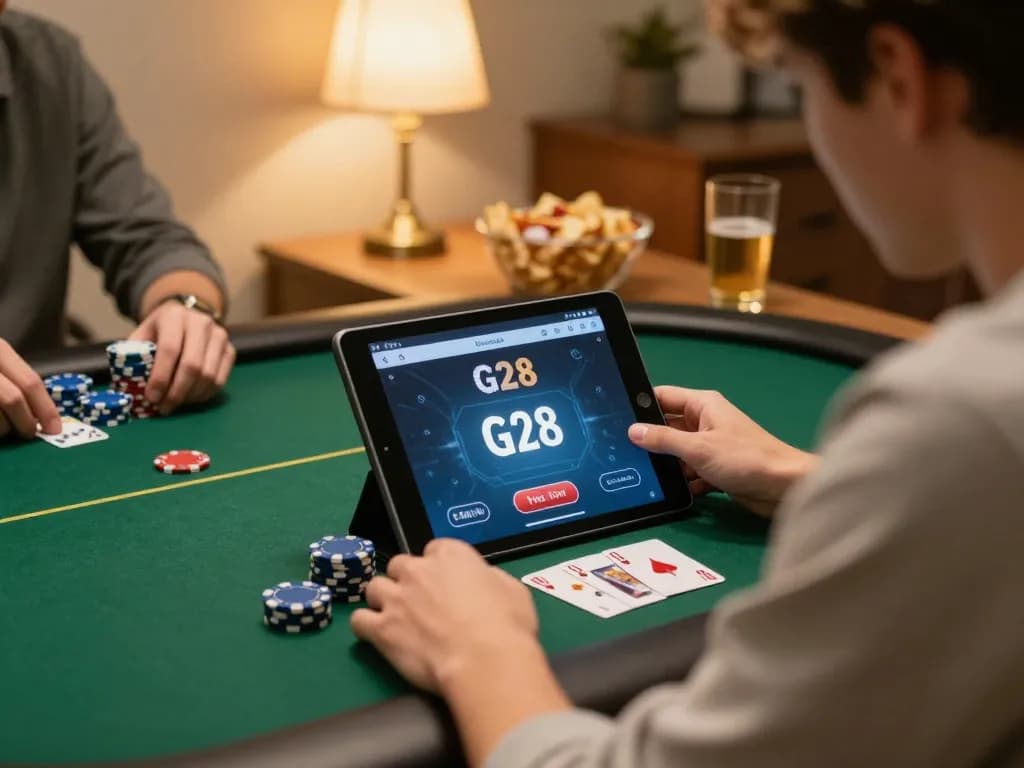 G28 online casino player strategizing during a poker game from home.