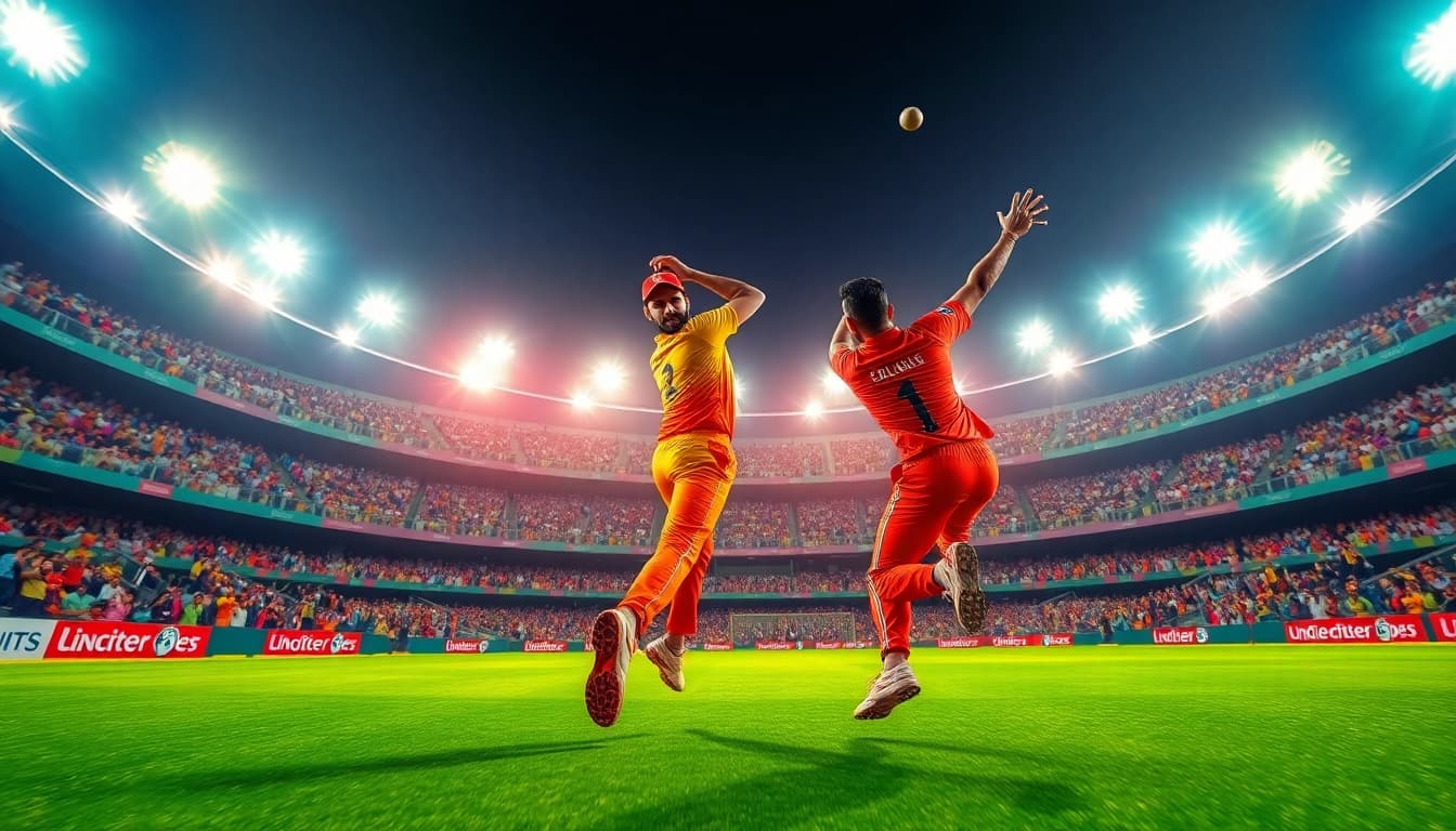 Get real-time today ipl match winning prediction insights with a vibrant cricket scene filled with athletes.