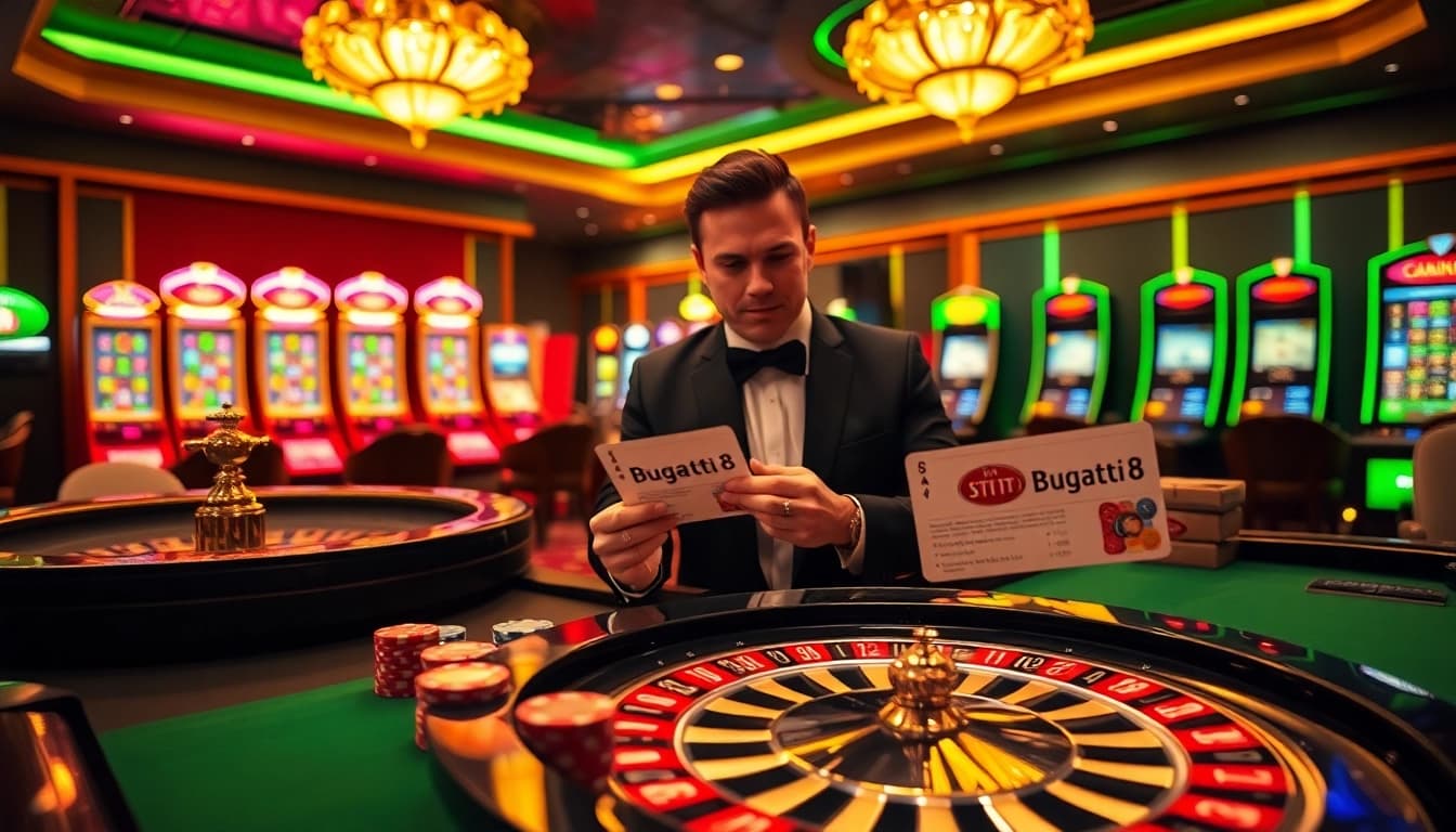 Experience the thrill of gambling with Bugatti8 at a vibrant casino table filled with action.