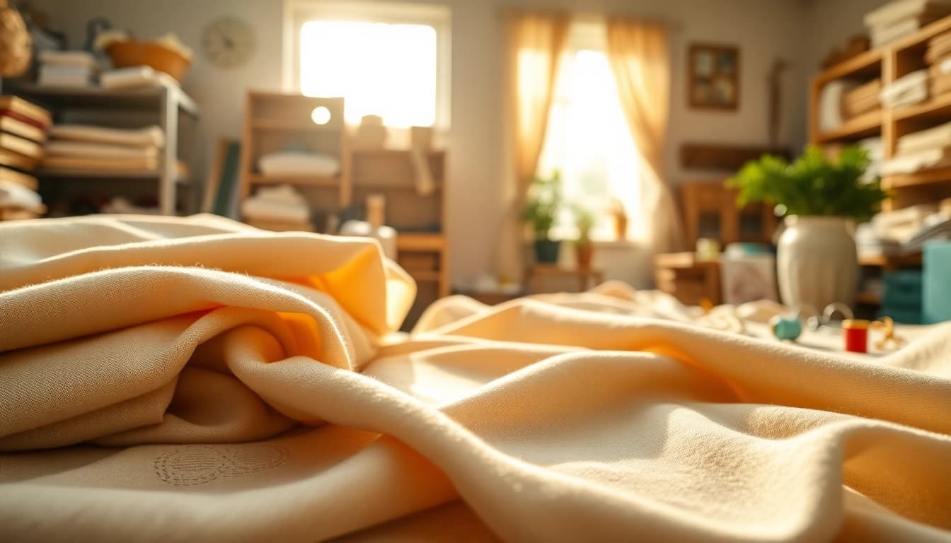 Bekijk unieke ongebleekt katoen stijlen op een sfeervolle stoffenwerkplek.