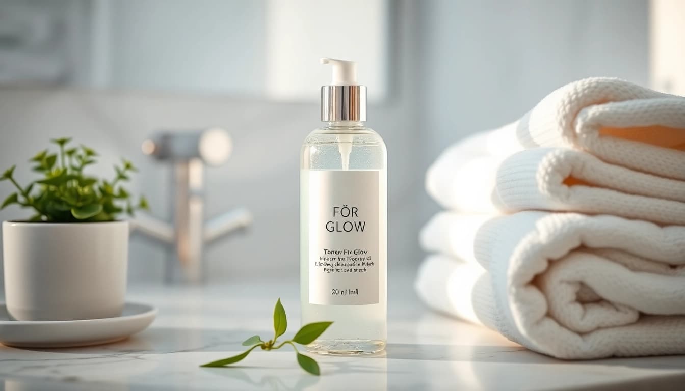 En uppfriskande toner för Glow placerad elegant på en badrumsskiva, omgiven av naturliga element för en återupplivande hudvårdsupplevelse.