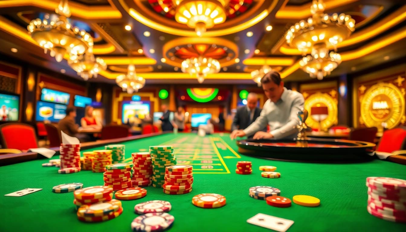 Cheerful casino scene showcasing cs2 gambling sites with vibrant gaming tables and colorful chips.