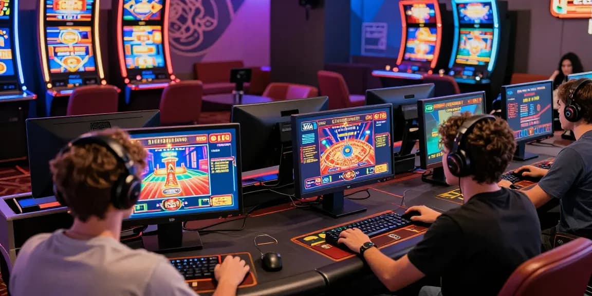 Players engaging in casino games at a digital casino showcasing the appeal of casinos that accept credit cards, highlighting game screens, devices, and casino features.