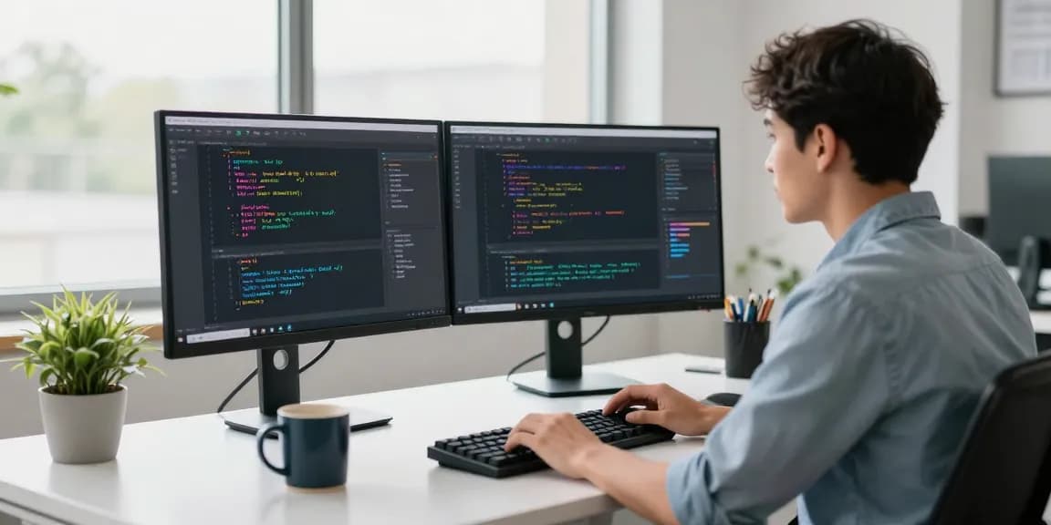 Developer coding 纸飞机中文版 on dual monitors in a modern office environment.