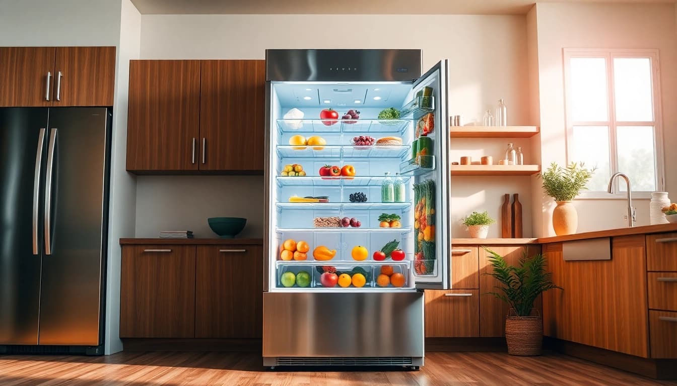 Showcase of refrigerator sales in a contemporary kitchen setting featuring a spacious stainless steel refrigerator.