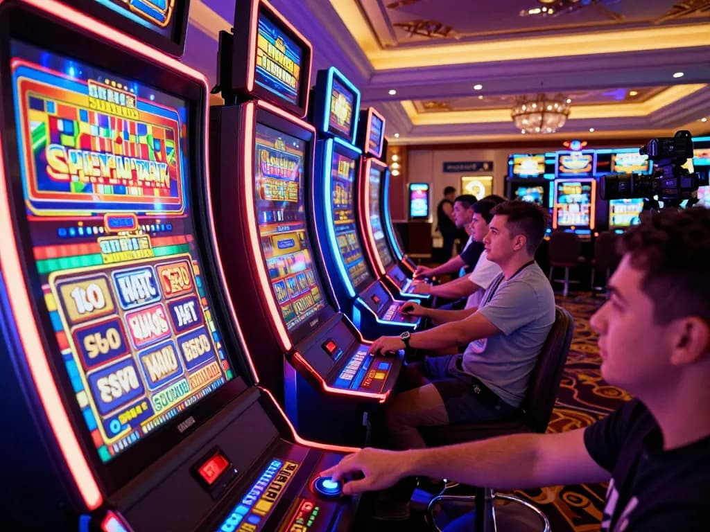 Player pressing spin button on a colorful slot machine highlighting an engaging gaming atmosphere.