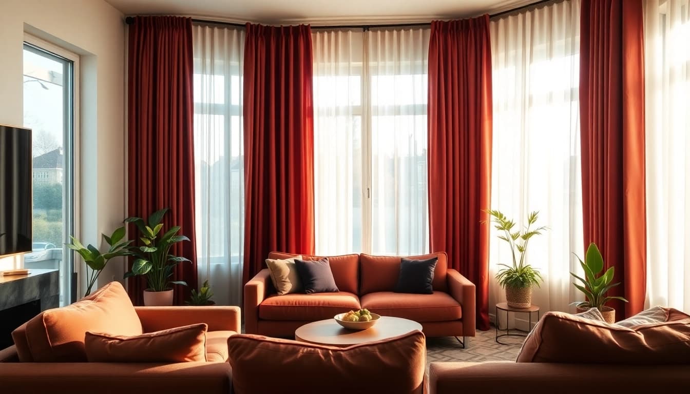 Verduisterende gordijnen in een stijlvolle woonkamer creëren een warme en gezellige sfeer.