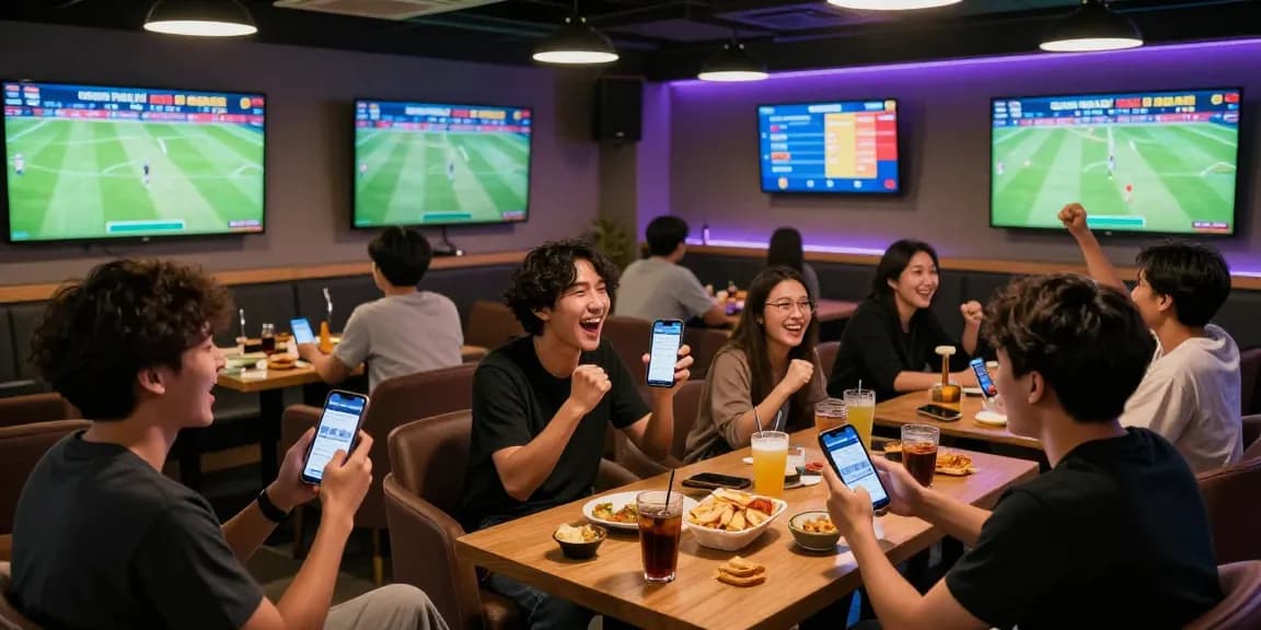 Agen Parlay Idngoal enthusiasts enjoying a lively sports betting experience in a modern lounge.