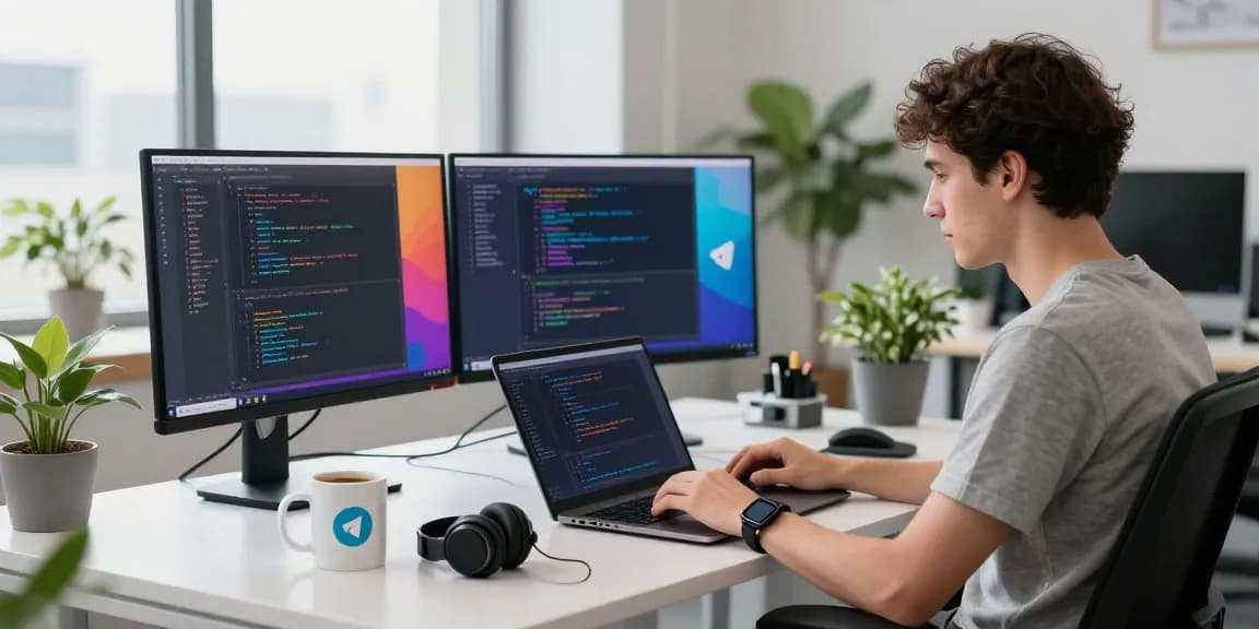 Developer using 纸飞机中文版 application on multiple monitors in a modern workspace.
