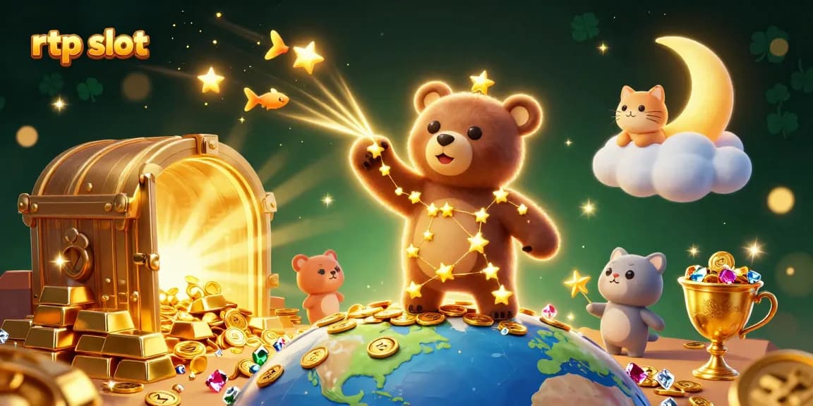 Experience the magic of RTP slots with a vibrant illustration featuring golden treasures and celestial characters.