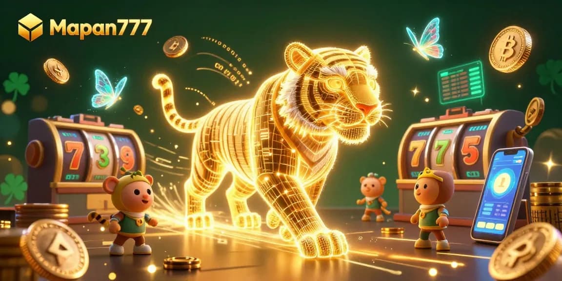 Experience the thrill of Mapan777 with a stunning 3D casino illustration of a golden tiger amidst slot reels and crypto elements.