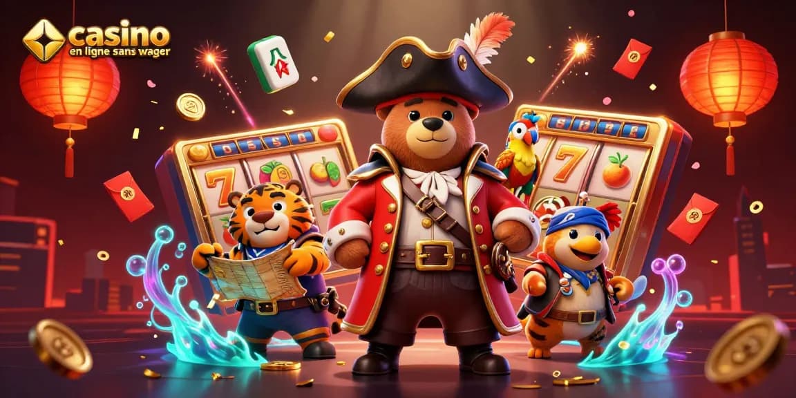 Interagissez avec un casino en ligne sans wager à travers cette illustration 3D vibrante mettant en avant des éléments de jeu et des personnages excitants.