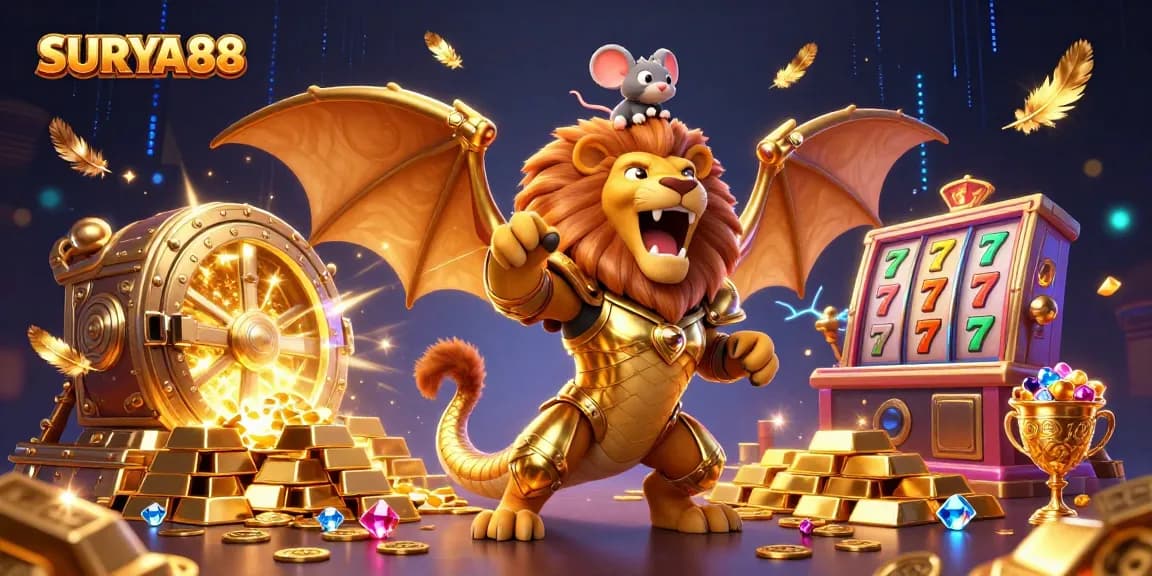 SURYA88 showcases thrilling wins with a 3D chimera and gold treasures in a vibrant casino scene.