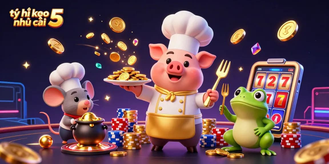 Engage with tỷ lệ kèo nhà cái 5 while enjoying a vibrant 3D gambling feast with chefs and golden coins.