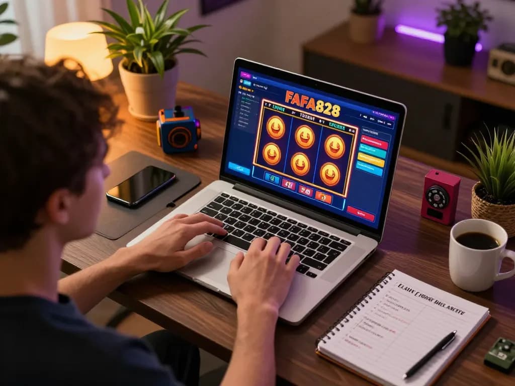 FAFA828 player engaging with online slots, showcasing immersive gaming strategies at home