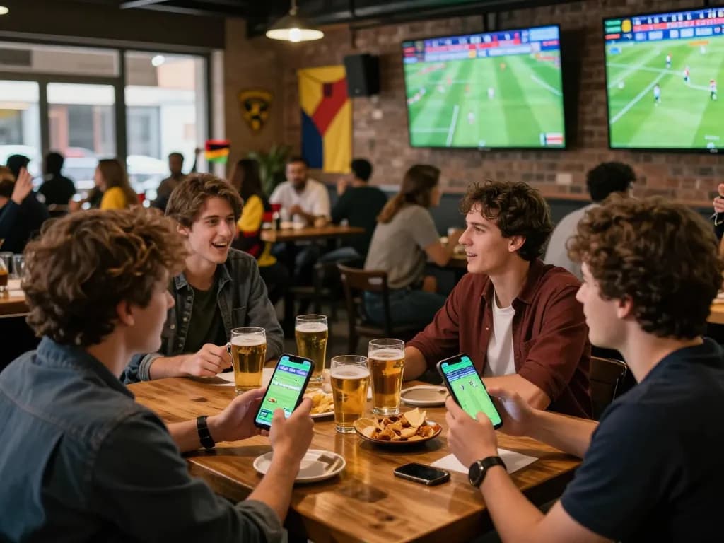 Kqbd hôm nay app used by friends in a lively sports bar during a match, capturing the thrill of sports betting.