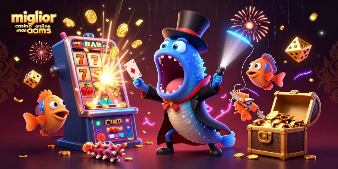 Miglior casino online non aams: un'illustrazione vivace di un pesce profondo in un atto magico con slot e simboli del gioco.