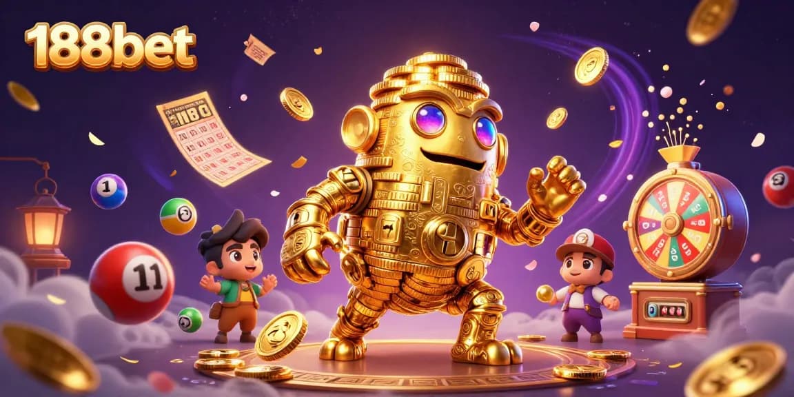 Engage with exciting 188bet casino games featuring golden golems and vibrant lottery elements.