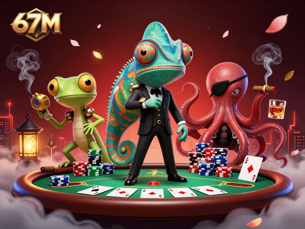 Capte a emoção do jogo no 67M com uma cena cheia de ação em um cassino estilo cartoon.