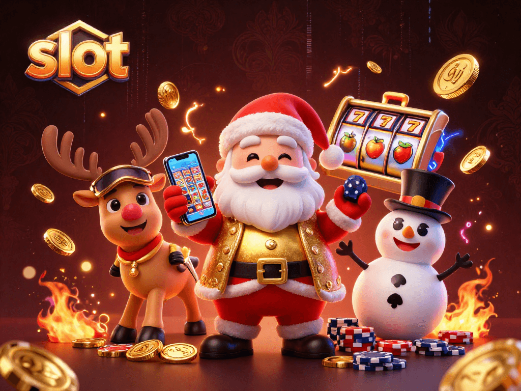 Menangkan slot dengan Santa yang bergaya di kasino, dikelilingi oleh koin emas dan simbol buah.