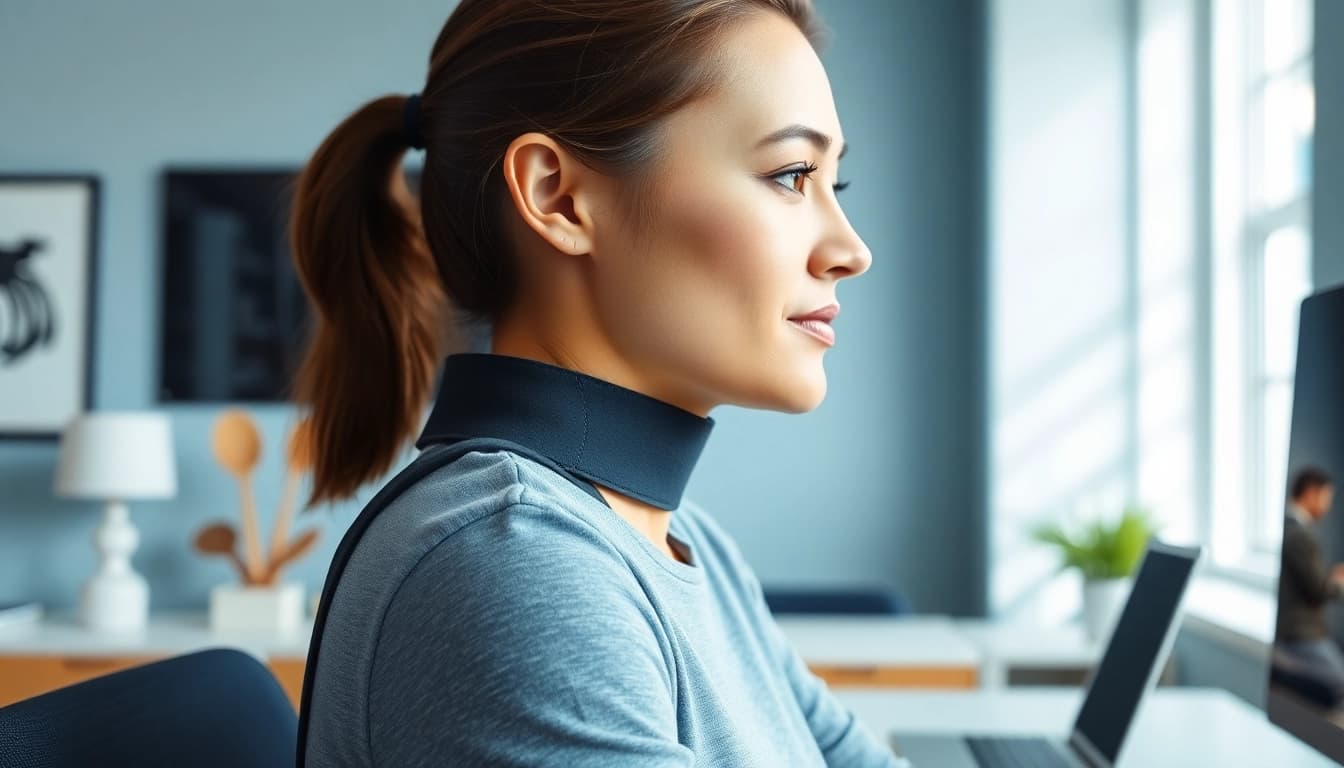 Enhance your posture with a posture brace, showcased by a model in an office.