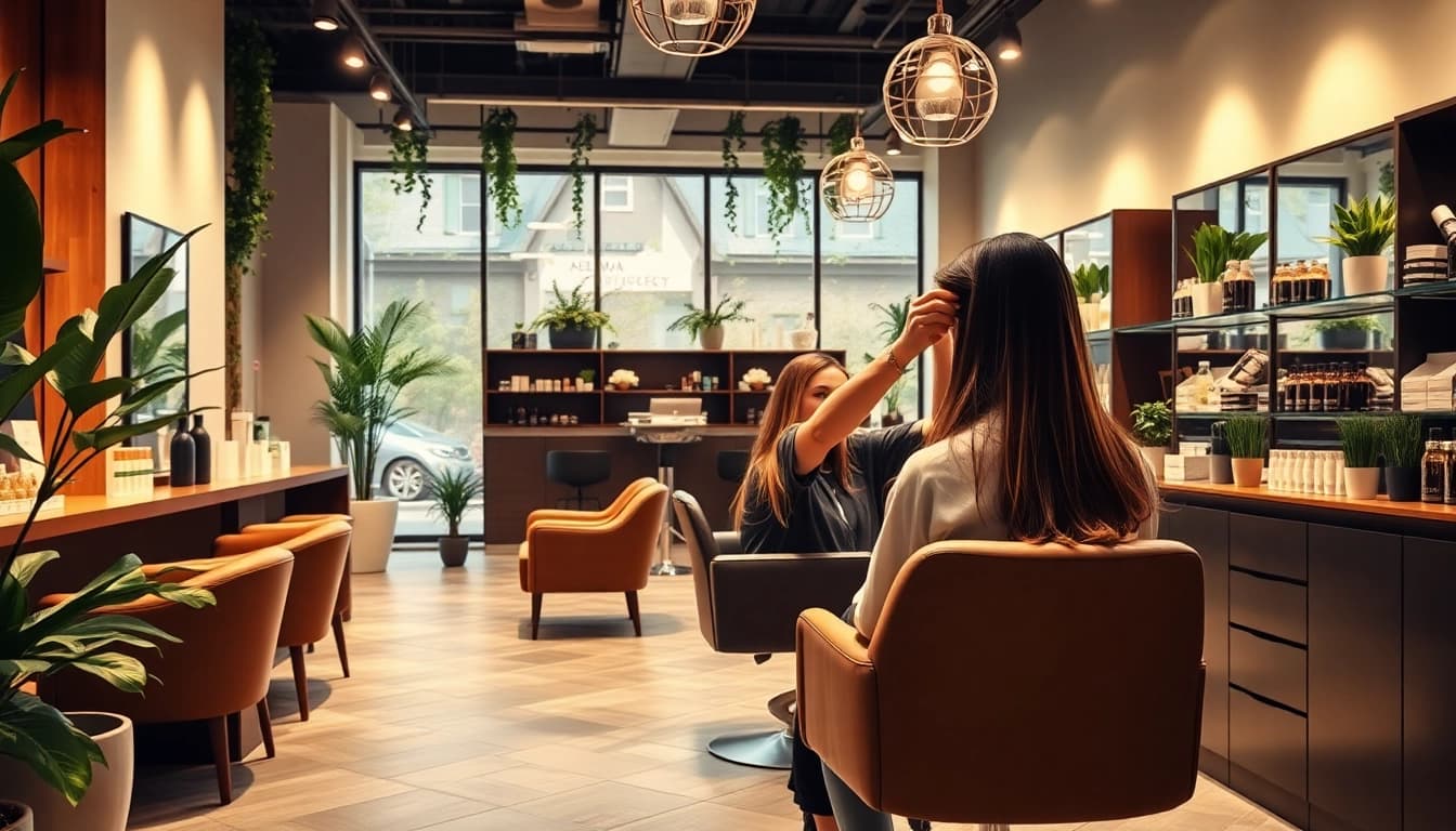 Omnia Salon showcasing a stylist applying highlights in a calming, eco-friendly environment with Aveda products.