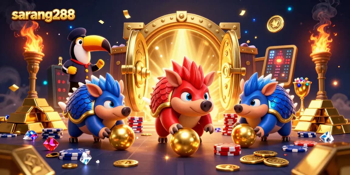 Sarang288 menyajikan ilustrasi 3D lucu dengan pangolin bersenjata yang bersaing dalam permainan kasino, dikelilingi harta karun emas.