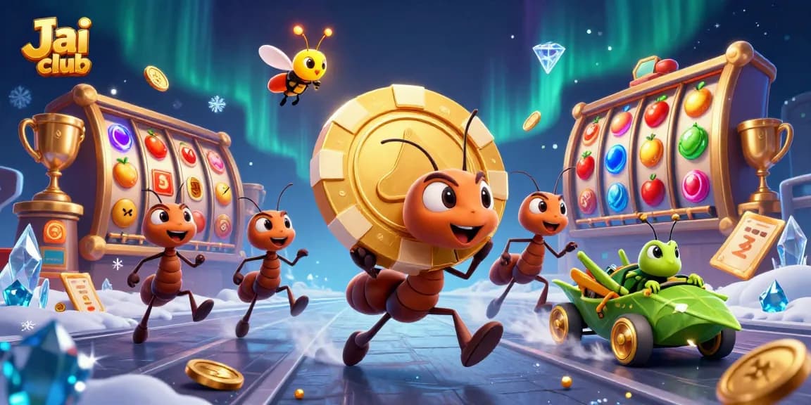 Engage with Jai club as the ant team runs a heist for giant poker chips amidst vibrant slot elements.