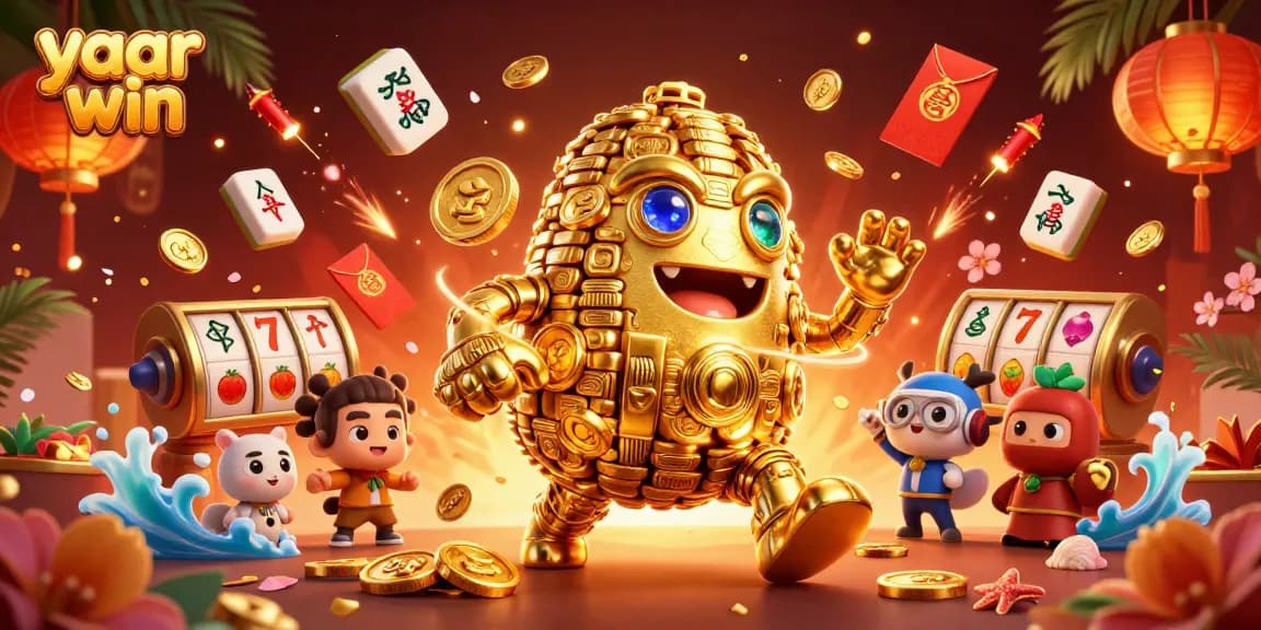Engage with the exciting yaar win casino scene featuring a golden golem and vibrant slot symbols.
