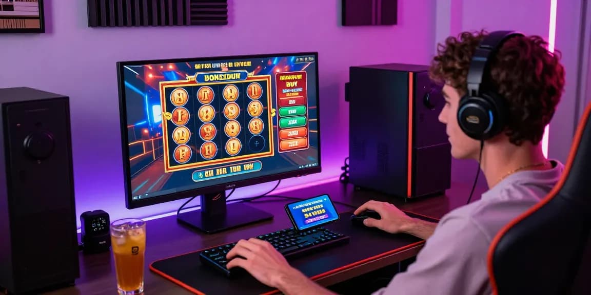 Player enjoying casinos not on gamstop UK at home gaming setup with vibrant lighting and multiple screens showing gaming options.